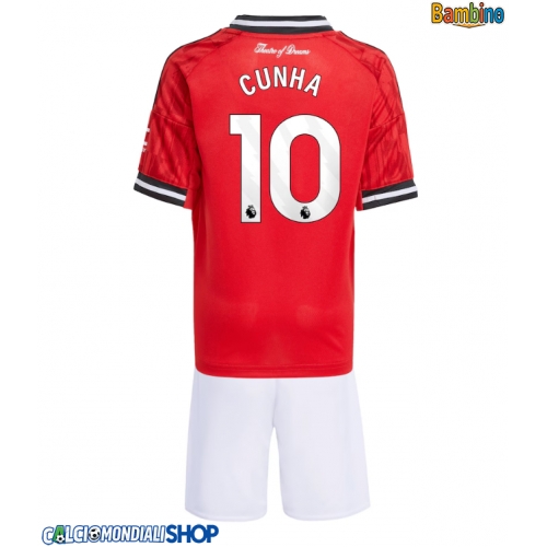Maglie da calcio Manchester United Matheus Cunha #10 Prima Maglia Bambino 2025-26 Manica Corta + Pantaloni corti)
